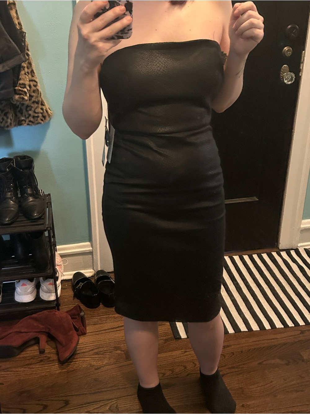 NWT Bebe Strapless Python Black Midi Sheath Dress